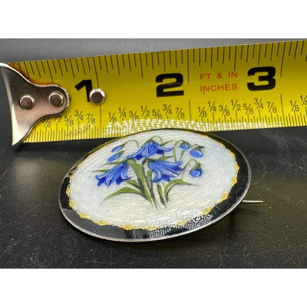 Vintage Silver Guilloche Enamel Bluebell Flower Round Brooch Pin 051 (81)